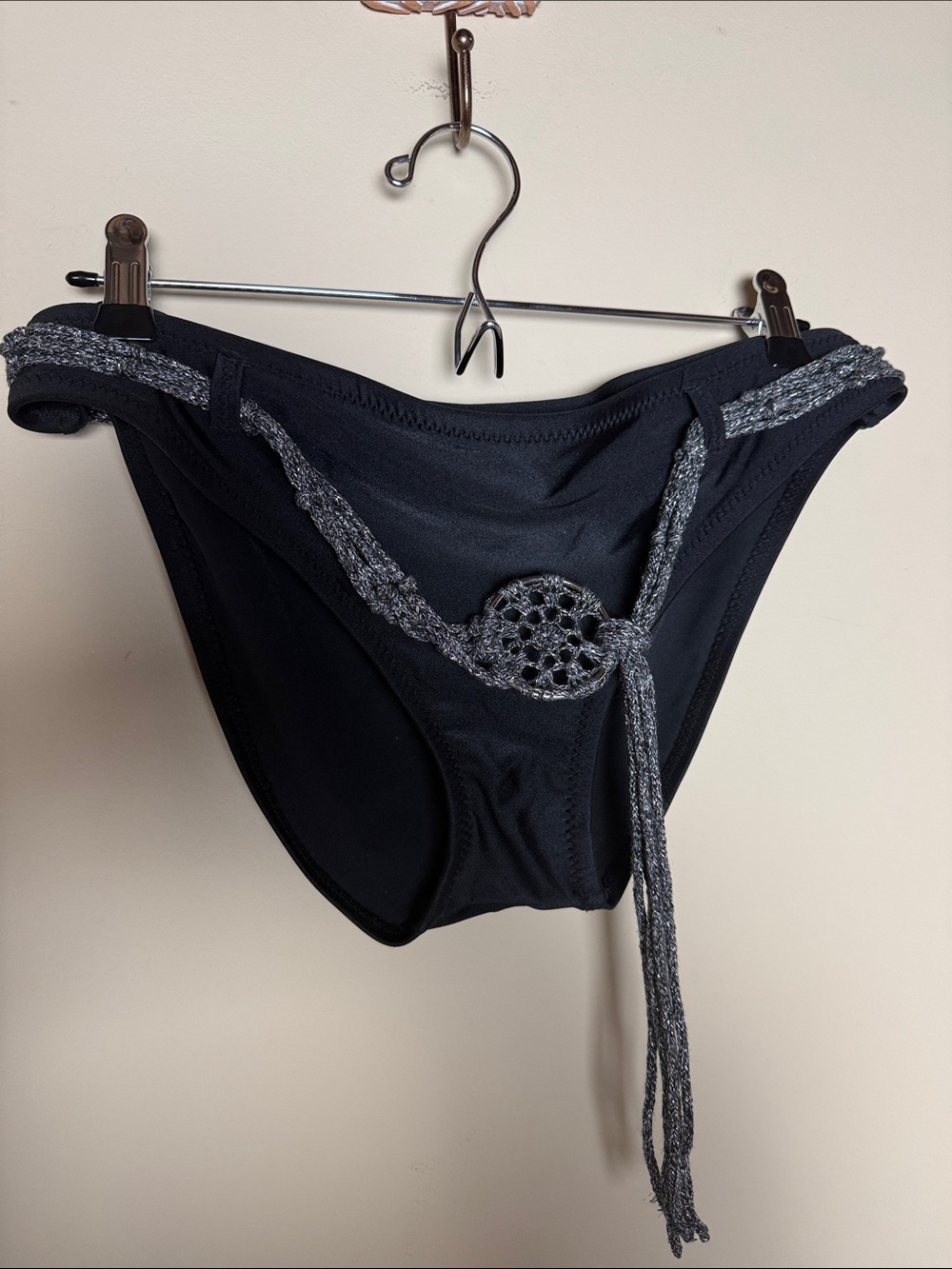 Becca by Rebecca Virtue Large black bikini bottoms silver knit belt detailing